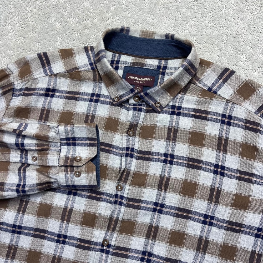 Johnston & Murphy Shirt‎ Mens XXL Brown Blue Plaid Button Down Brushed Cotton
